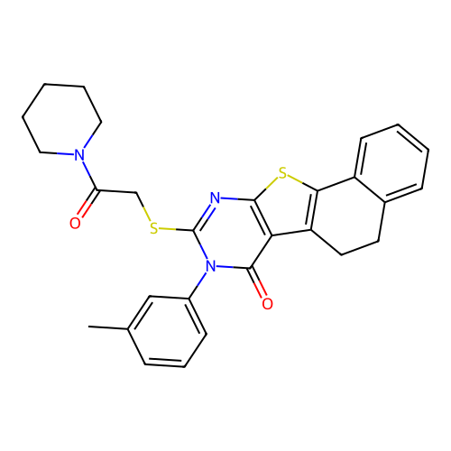 8-(3-methylphenyl)-9-{[2-oxo-2-(piperidin-1-yl)ethyl]sulfanyl}-5,8-dihydronaphtho[2',1':4,5]thieno[2,3-d]pyrimidin-7(6H)-one structure