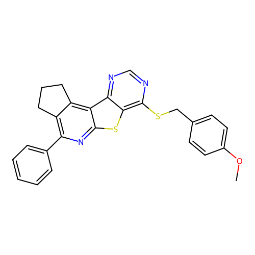 7-((4-methoxybenzyl)thio)-4-phenyl-2,3-dihydro-1H-cyclopenta[4',5']pyrido[3',2':4,5]thieno[3,2-d]pyrimidine structure