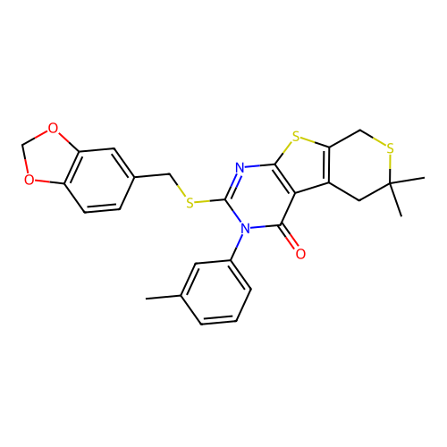2-((benzo[d][1,3]dioxol-5-ylmethyl)thio)-6,6-dimethyl-3-(m-tolyl)-5,6-dihydro-3H-thiopyrano[4',3':4,5]thieno[2,3-d]pyrimidin-4(8H)-one structure
