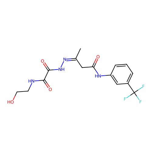 3-[(2-Hydroxy-ethylaminooxalyl)-hydrazono]-N-(3-trifluoromethyl-phenyl)-butyramide structure
