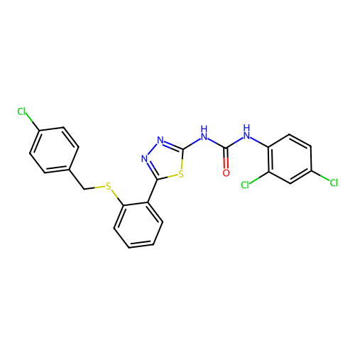 1-[5-[2-[(4-chlorophenyl)methylsulfanyl]phenyl]-1,3,4-thiadiazol-2-yl]-3-(2,4-dichlorophenyl)urea structure