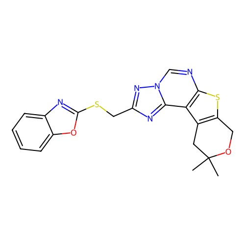 2-((benzo[d]oxazol-2-ylthio)methyl)-10,10-dimethyl-10,11-dihydro-8H-pyrano[4',3':4,5]thieno[3,2-e][1,2,4]triazolo[1,5-c]pyrimidine structure