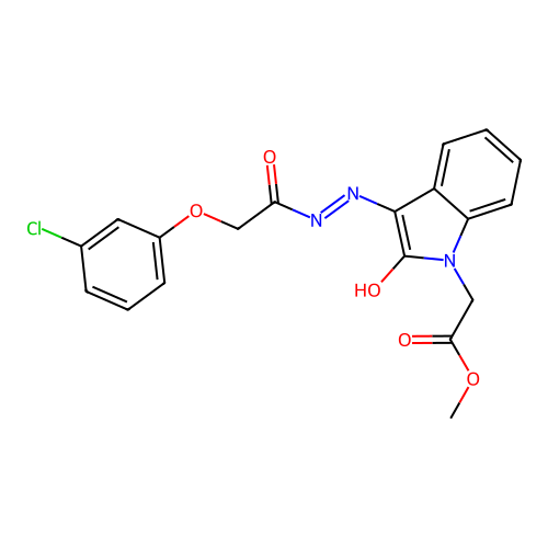 (E)-methyl 2-(3-(2-(2-(3-chlorophenoxy)acetyl)hydrazono)-2-oxoindolin-1-yl)acetate structure