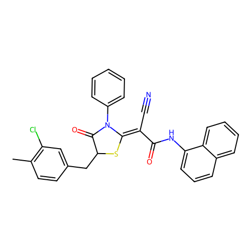 (2Z)-2-[5-(3-chloro-4-methylbenzyl)-4-oxo-3-phenyl-1,3-thiazolidin-2-ylidene]-2-cyano-N-(naphthalen-1-yl)ethanamide structure