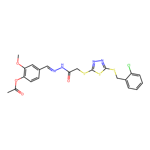 (E)-4-((2-(2-((5-((2-chlorobenzyl)thio)-1,3,4-thiadiazol-2-yl)thio)acetyl)hydrazono)methyl)-2-methoxyphenyl acetate structure