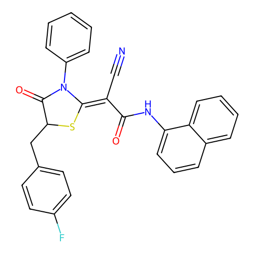 (2Z)-2-cyano-2-[5-(4-fluorobenzyl)-4-oxo-3-phenyl-1,3-thiazolidin-2-ylidene]-N-(naphthalen-1-yl)ethanamide structure
