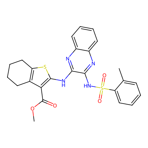 methyl 2-((3-(2-methylphenylsulfonamido)quinoxalin-2-yl)amino)-4,5,6,7-tetrahydrobenzo[b]thiophene-3-carboxylate structure