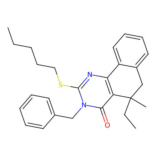 3-benzyl-5-ethyl-5-methyl-2-pentylsulfanyl-6H-benzo[h]quinazolin-4-one structure