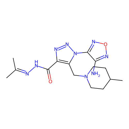 1-(4-amino-1,2,5-oxadiazol-3-yl)-5-((4-methylpiperidin-1-yl)methyl)-N'-(propan-2-ylidene)-1H-1,2,3-triazole-4-carbohydrazide structure