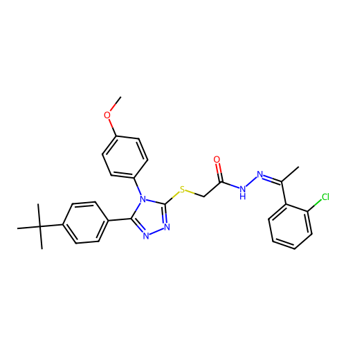(Z)-2-((5-(4-(tert-butyl)phenyl)-4-(4-methoxyphenyl)-4H-1,2,4-triazol-3-yl)thio)-N'-(1-(2-chlorophenyl)ethylidene)acetohydrazide structure