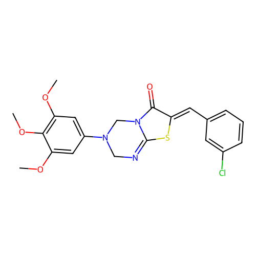 (7Z)-7-(3-chlorobenzylidene)-3-(3,4,5-trimethoxyphenyl)-3,4-dihydro-2H-[1,3]thiazolo[3,2-a][1,3,5]triazin-6(7H)-one structure