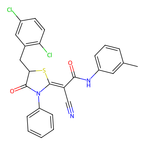 (Z)-2-cyano-2-(5-(2,5-dichlorobenzyl)-4-oxo-3-phenylthiazolidin-2-ylidene)-N-(m-tolyl)acetamide structure