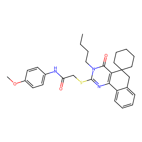 2-((3-butyl-4-oxo-4,6-dihydro-3H-spiro[benzo[h]quinazoline-5,1'-cyclohexan]-2-yl)thio)-N-(4-methoxyphenyl)acetamide structure