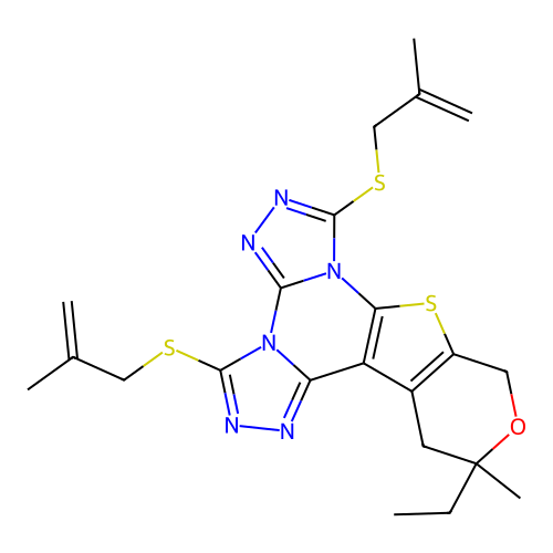12-ethyl-12-methyl-3,7-bis((2-methylallyl)thio)-12,13-dihydro-10H-pyrano[4',3':4,5]thieno[3,2-e]bis([1,2,4]triazolo)[4,3-a:4',3'-c]pyrimidine structure