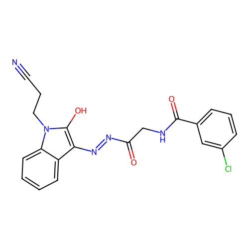 3-chloro-N-[2-[2-[1-(2-cyanoethyl)-2-oxoindol-3-ylidene]hydrazinyl]-2-oxoethyl]benzamide structure