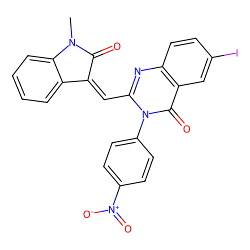 6-iodo-2-[(1-methyl-2-oxo-indol-3-ylidene)methyl]-3-(4-nitrophenyl)quinazolin-4-one structure