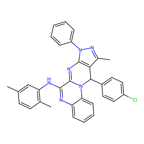 11-(4-chlorophenyl)-N-(2,5-dimethylphenyl)-10-methyl-8-phenyl-8,11-dihydropyrazolo[3',4':4,5]pyrimido[1,2-a]quinoxalin-6-amine structure