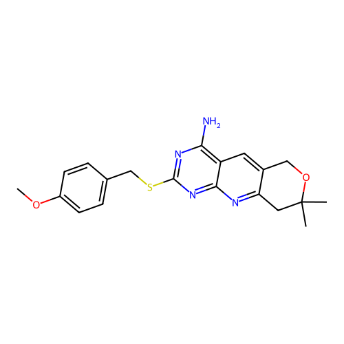 2-((4-methoxybenzyl)thio)-8,8-dimethyl-8,9-dihydro-6H-pyrano[3',4':5,6]pyrido[2,3-d]pyrimidin-4-amine structure