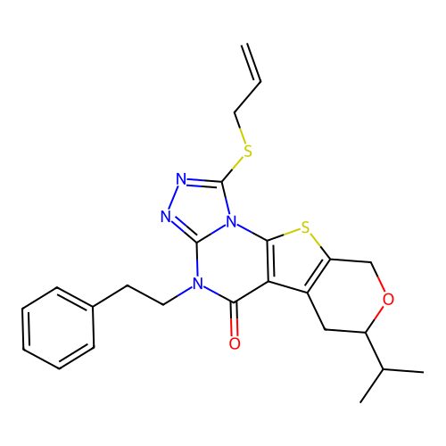 1-(allylthio)-7-isopropyl-4-phenethyl-6,7-dihydro-4H-pyrano[4',3':4,5]thieno[3,2-e][1,2,4]triazolo[4,3-a]pyrimidin-5(9H)-one structure