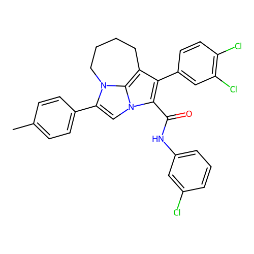 N-(3-chlorophenyl)-1-(3,4-dichlorophenyl)-4-(4-methylphenyl)-5,6,7,8-tetrahydro-2a,4a-diazacyclopenta[cd]azulene-2-carboxamide structure