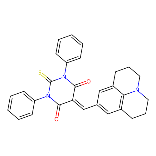 1,3-diphenyl-5-(2,3,6,7-tetrahydro-1H,5H-pyrido[3,2,1-ij]quinolin-9-ylmethylidene)-2-thioxodihydropyrimidine-4,6(1H,5H)-dione structure