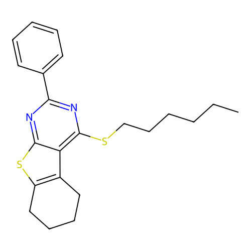 4-(Hexylsulfanyl)-2-phenyl-5,6,7,8-tetrahydro[1]benzothieno[2,3-d]pyrimidine structure