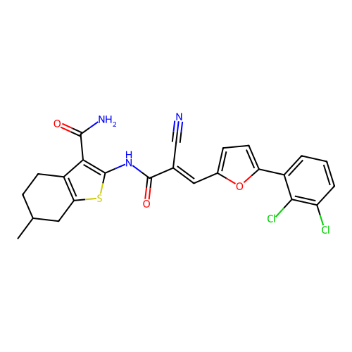 (E)-2-(2-cyano-3-(5-(2,3-dichlorophenyl)furan-2-yl)acrylamido)-6-methyl-4,5,6,7-tetrahydrobenzo[b]thiophene-3-carboxamide structure