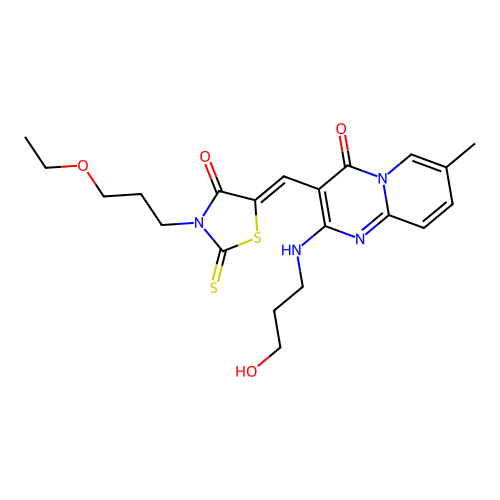 3-{(Z)-[3-(3-ethoxypropyl)-4-oxo-2-thioxo-1,3-thiazolidin-5-ylidene]methyl}-2-[(3-hydroxypropyl)amino]-7-methyl-4H-pyrido[1,2-a]pyrimidin-4-one structure