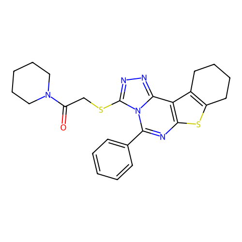 2-((5-phenyl-8,9,10,11-tetrahydrobenzo[4,5]thieno[3,2-e][1,2,4]triazolo[4,3-c]pyrimidin-3-yl)thio)-1-(piperidin-1-yl)ethanone structure