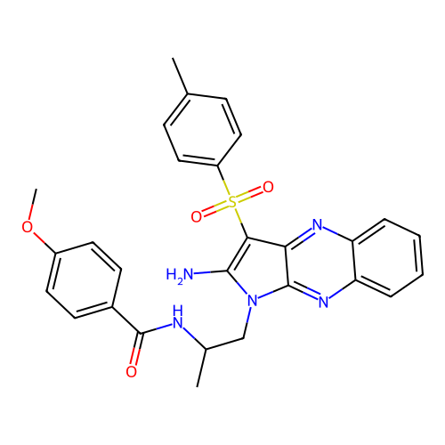 N-(1-(2-amino-3-tosyl-1H-pyrrolo[2,3-b]quinoxalin-1-yl)propan-2-yl)-4-methoxybenzamide structure