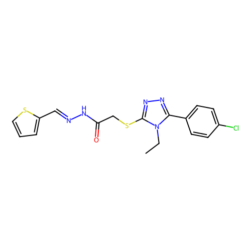 2-{[5-(4-chlorophenyl)-4-ethyl-4H-1,2,4-triazol-3-yl]sulfanyl}-N'-[(E)-thiophen-2-ylmethylidene]acetohydrazide structure