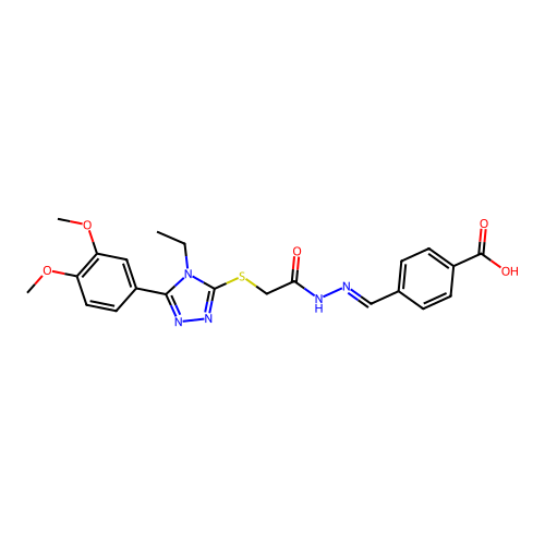 (E)-4-((2-(2-((5-(3,4-dimethoxyphenyl)-4-ethyl-4H-1,2,4-triazol-3-yl)thio)acetyl)hydrazono)methyl)benzoic acid structure