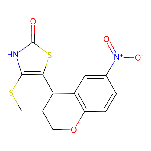 10-nitro-3,5a,6,11b-tetrahydro-2H,5H-chromeno[4',3':4,5]thiopyrano[2,3-d][1,3]thiazol-2-one structure