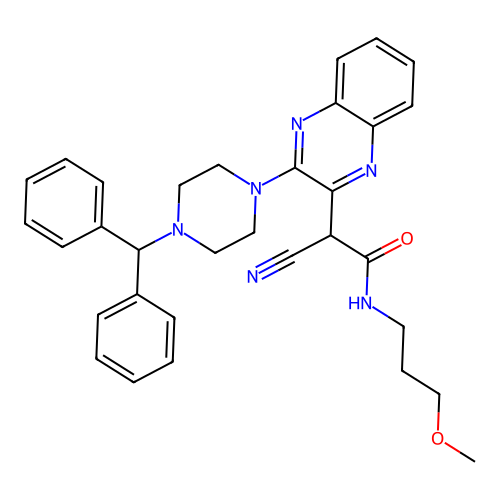 2-(3-(4-benzhydrylpiperazin-1-yl)quinoxalin-2-yl)-2-cyano-N-(3-methoxypropyl)acetamide structure