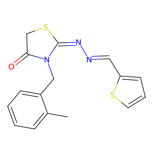 (E)-3-(2-methylbenzyl)-2-((E)-(thiophen-2-ylmethylene)hydrazono)thiazolidin-4-one structure