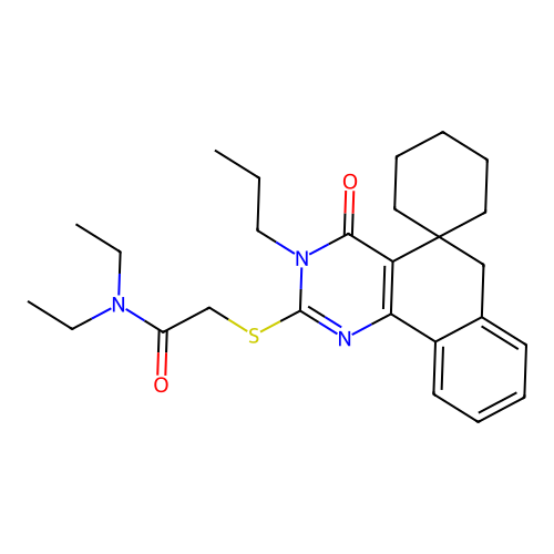 N,N-diethyl-2-((4-oxo-3-propyl-4,6-dihydro-3H-spiro[benzo[h]quinazoline-5,1'-cyclohexan]-2-yl)thio)acetamide structure
