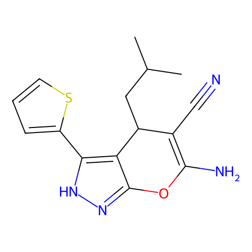 6-Amino-4-isobutyl-3-(2-thienyl)-2,4-dihydropyrano[2,3-c]pyrazole-5-carbonitrile structure
