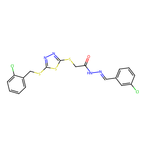 (E)-2-((5-((2-chlorobenzyl)thio)-1,3,4-thiadiazol-2-yl)thio)-N'-(3-chlorobenzylidene)acetohydrazide structure