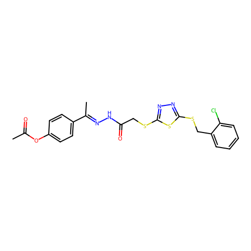 4-[(1E)-1-{2-[({5-[(2-chlorobenzyl)sulfanyl]-1,3,4-thiadiazol-2-yl}sulfanyl)acetyl]hydrazinylidene}ethyl]phenyl acetate structure