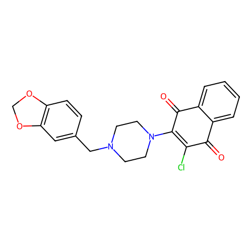 2-[4-(1,3-Benzodioxol-5-ylmethyl)piperazin-1-yl]-3-chloronaphthalene-1,4-dione structure