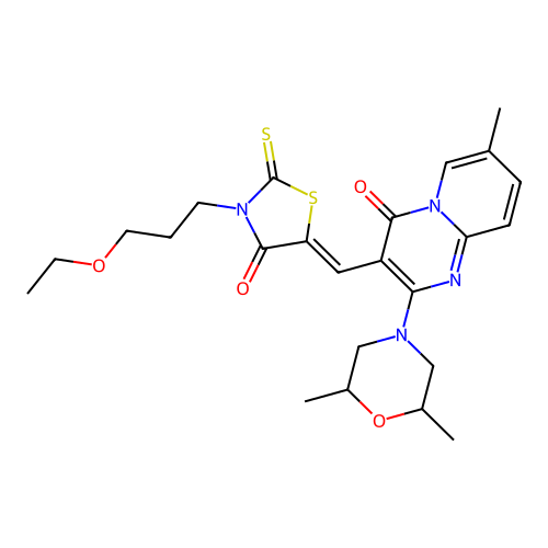 2-(2,6-dimethylmorpholin-4-yl)-3-{(Z)-[3-(3-ethoxypropyl)-4-oxo-2-thioxo-1,3-thiazolidin-5-ylidene]methyl}-7-methyl-4H-pyrido[1,2-a]pyrimidin-4-one structure