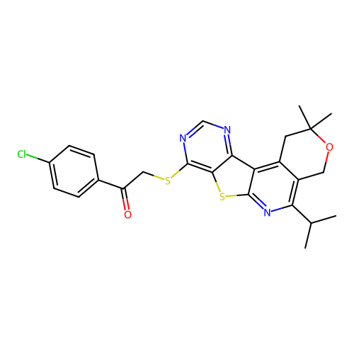 1-(4-chlorophenyl)-2-((5-isopropyl-2,2-dimethyl-2,4-dihydro-1H-pyrano[4'',3'':4',5']pyrido[3',2':4,5]thieno[3,2-d]pyrimidin-8-yl)thio)ethanone structure