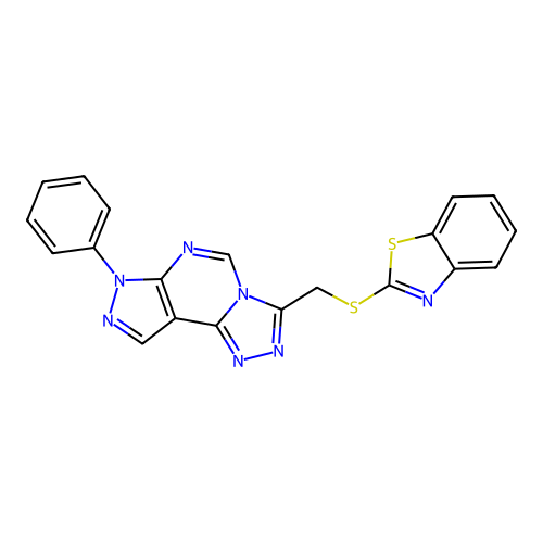 2-(((7-phenyl-7H-pyrazolo[4,3-e][1,2,4]triazolo[4,3-c]pyrimidin-3-yl)methyl)thio)benzo[d]thiazole structure