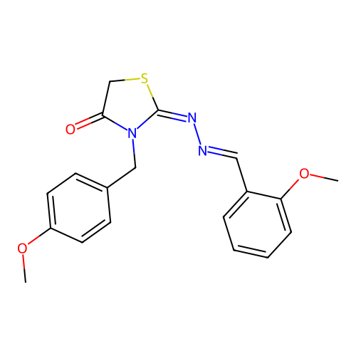 (E)-3-(4-methoxybenzyl)-2-((E)-(2-methoxybenzylidene)hydrazono)thiazolidin-4-one structure