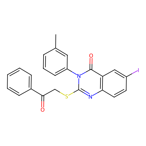6-iodo-3-(3-methylphenyl)-2-[(2-oxo-2-phenylethyl)sulfanyl]quinazolin-4(3H)-one structure