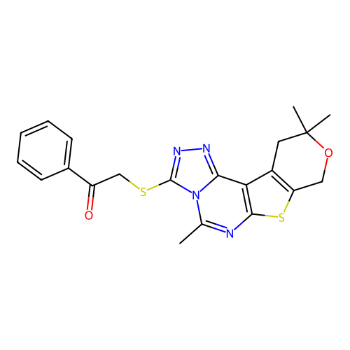 1-phenyl-2-((5,10,10-trimethyl-10,11-dihydro-8H-pyrano[4',3':4,5]thieno[3,2-e][1,2,4]triazolo[4,3-c]pyrimidin-3-yl)thio)ethanone structure