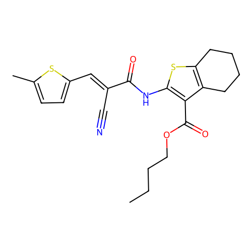 (E)-butyl 2-(2-cyano-3-(5-methylthiophen-2-yl)acrylamido)-4,5,6,7-tetrahydrobenzo[b]thiophene-3-carboxylate structure