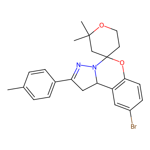 9'-bromo-2,2-dimethyl-2'-(4-methylphenyl)-1',2,3,5,6,10b'-hexahydrospiro[pyran-4,5'-pyrazolo[1,5-c][1,3]benzoxazine] structure