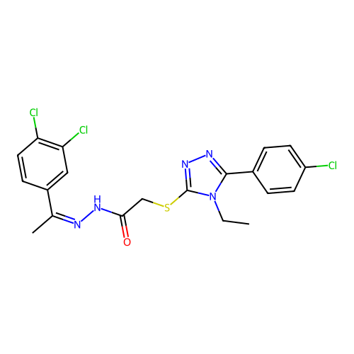 (Z)-2-((5-(4-chlorophenyl)-4-ethyl-4H-1,2,4-triazol-3-yl)thio)-N'-(1-(3,4-dichlorophenyl)ethylidene)acetohydrazide structure