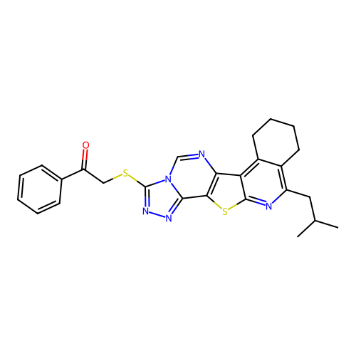 2-((11-isobutyl-7,8,9,10-tetrahydro-[1,2,4]triazolo[4'',3'':1',6']pyrimido[4',5':4,5]thieno[2,3-c]isoquinolin-3-yl)thio)-1-phenylethanone structure